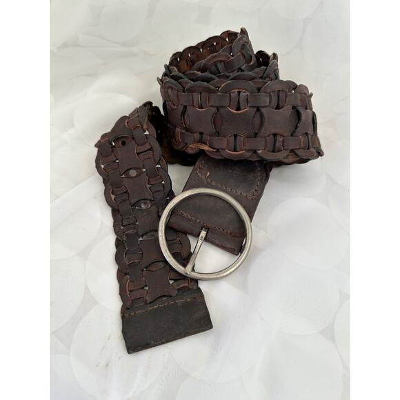 Womens XXL WIDE Brown Woven Hip Belt Genuine Leather Huge silver Buckle Boho - Picture 1 of 6